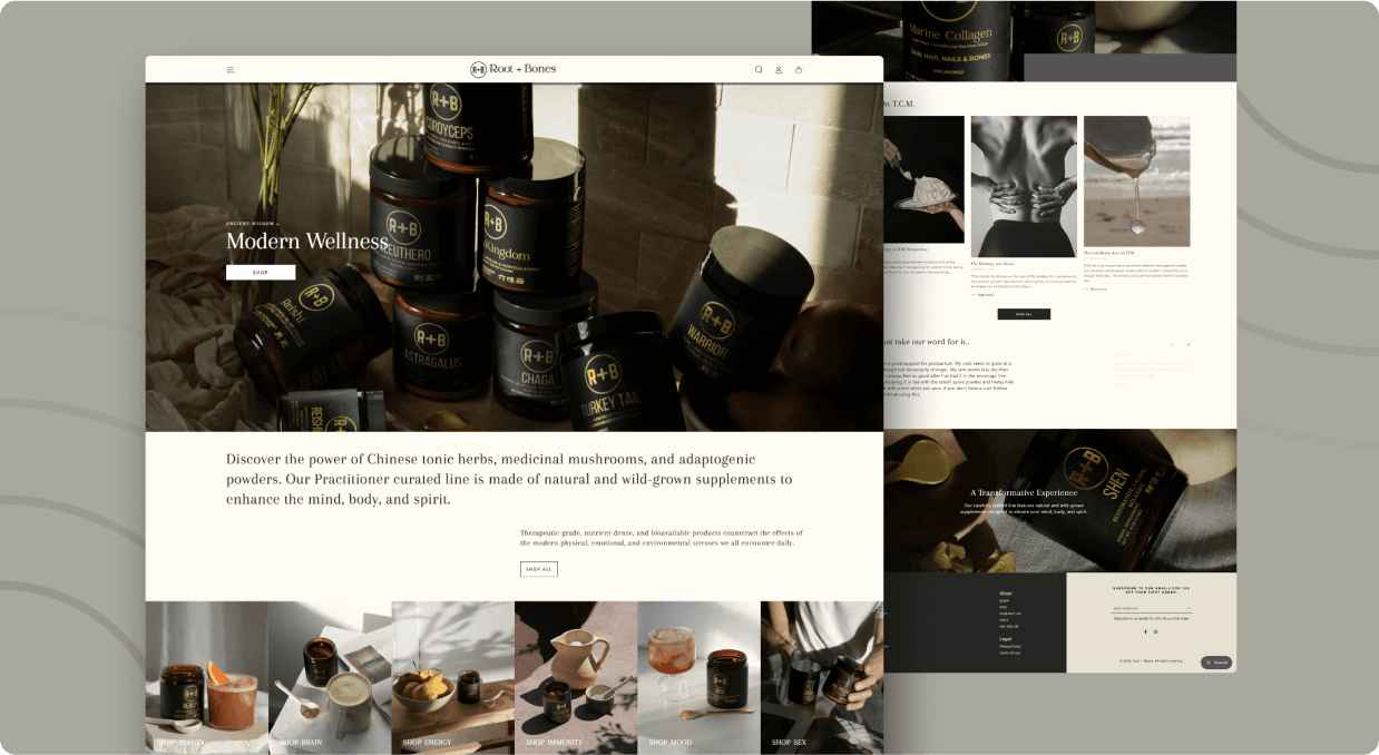 Root + Bones homepage alongside its editorial and product pages