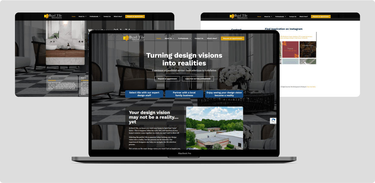 Byrd Tile homepage on a laptop with further pages behind it