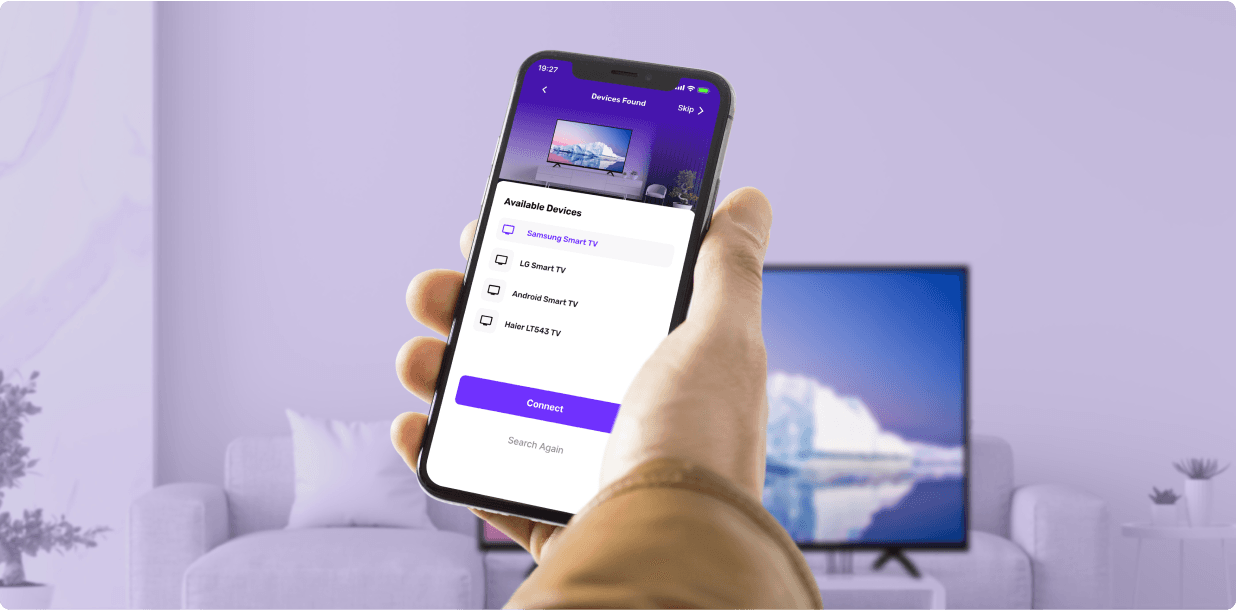 Device discovery screen listing available Smart TVs in a living room