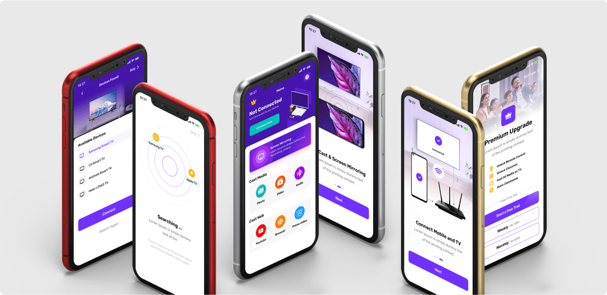 App screens covering discovery, mirroring, pairing and premium upgrade