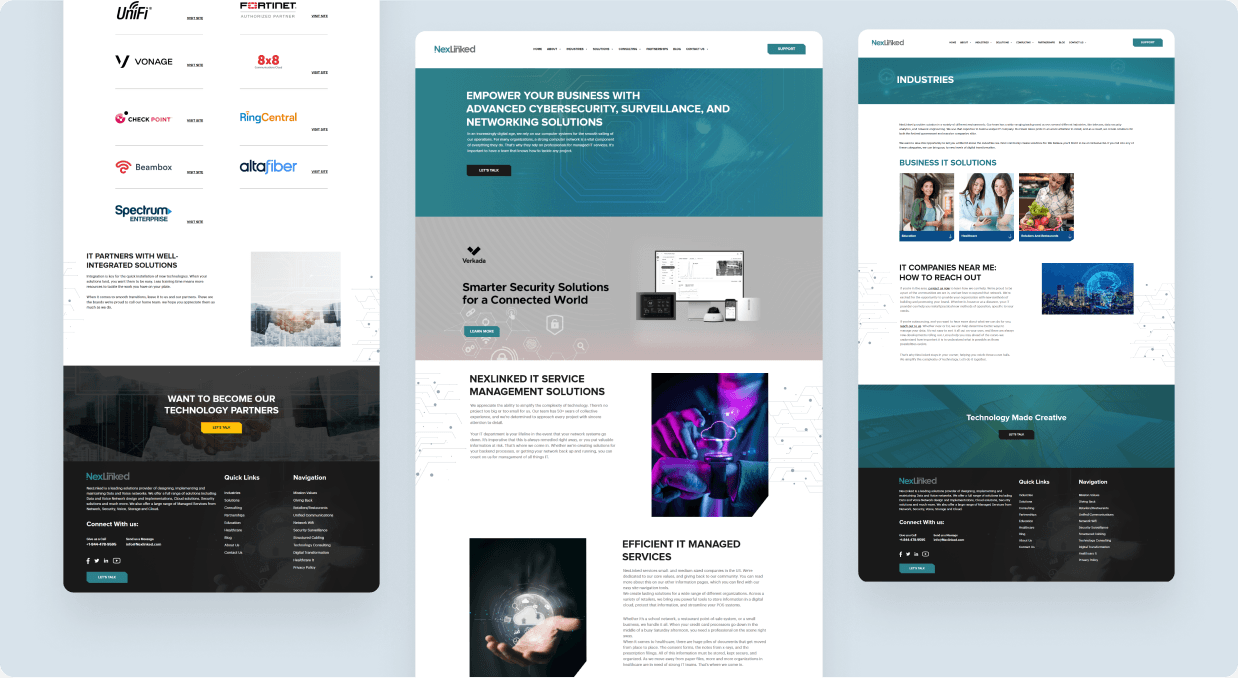 NexLinked site pages including partners, homepage and industries
