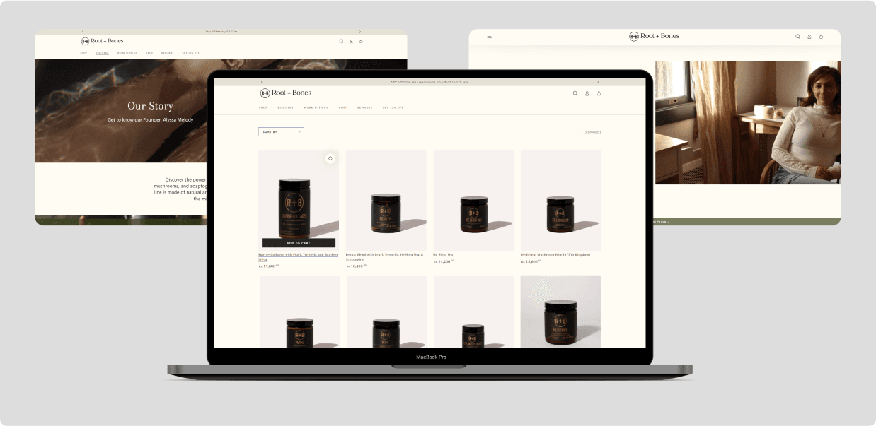 The product collection grid beside the founder's story page
