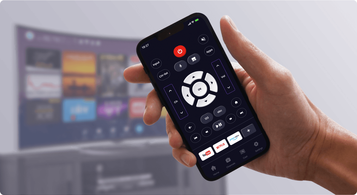 The remote control interface held in front of a Smart TV