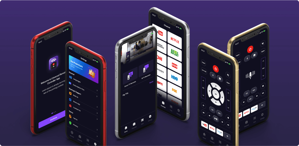 App screens covering welcome, settings, channel shortcuts and the remote