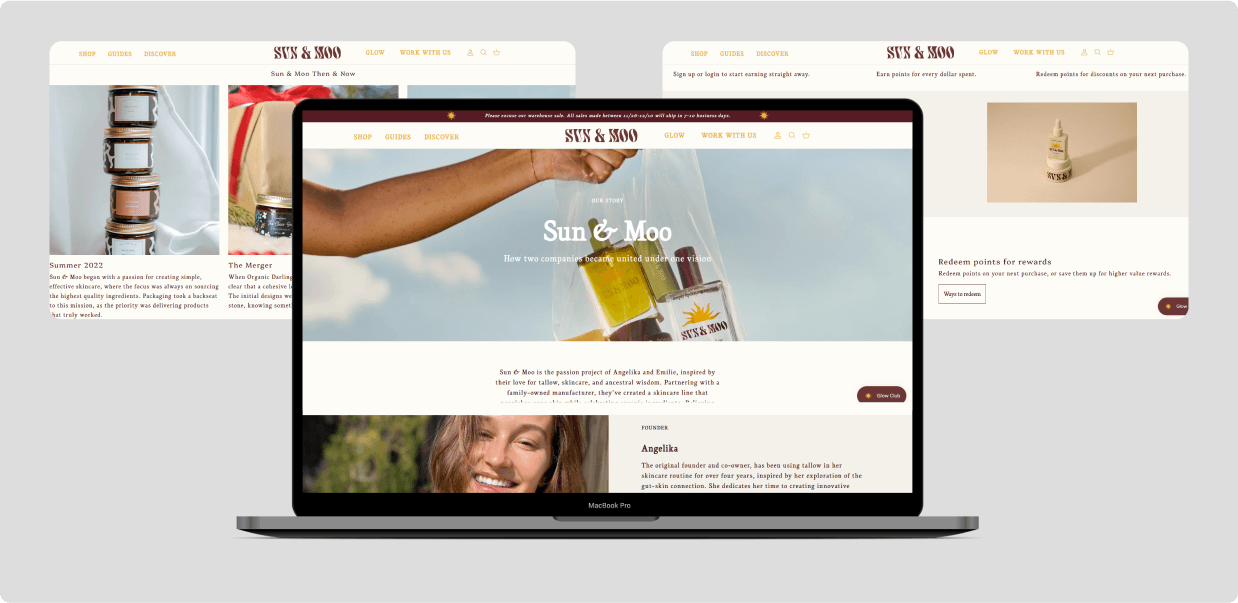 The founders' story page beside the brand's rewards programme